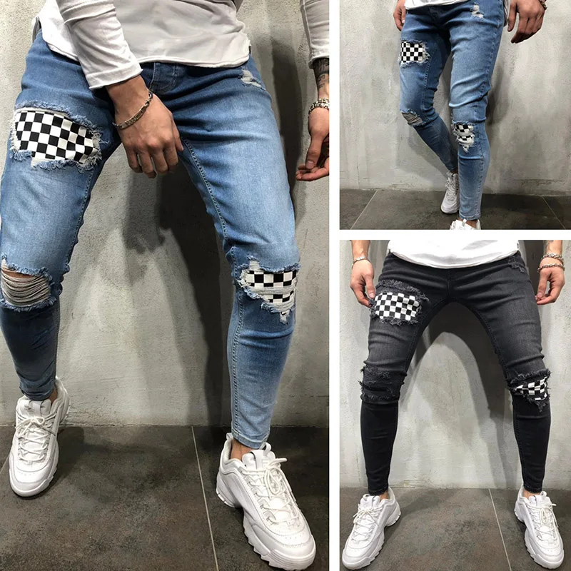 

Мужские рваные обтягивающие байкерские рваные джинсы с потертостями, облегающие джинсовые длинные штаны, Стрейчевые штаны-OPK
