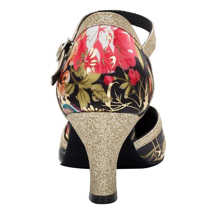 Женские латинские танцевальные туфли HXYOO Jazz Salsa с заостренным носком из сатина на мягкой подошве с цветочным узором черного и золотистого цветов CW008.