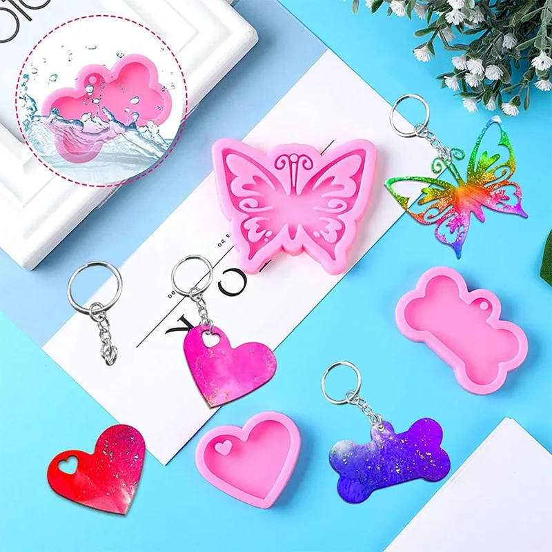 

1 Set Dog Tag Bone Love Round Butterfly Shaped Resin Keychain Mold with 10 pcs Keyring DIY Handmade Making Key Chain Pendant