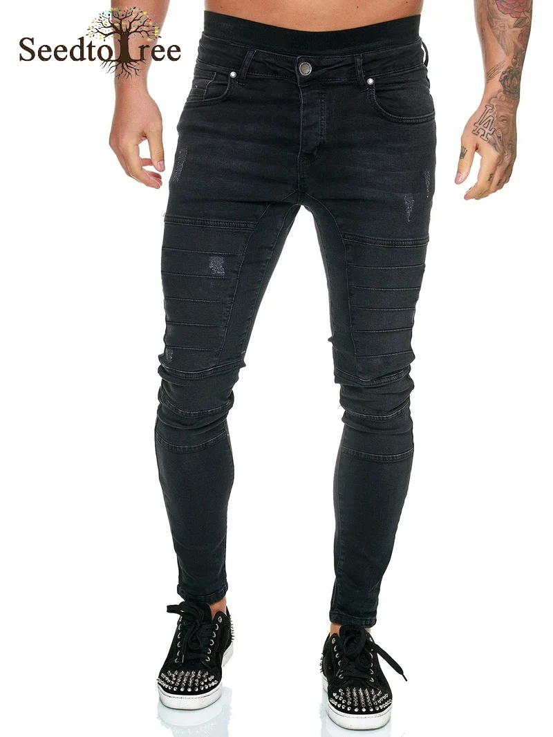 Pleated Solid Color Casual Men's Jeans Small Feet Slim Denim Trousers