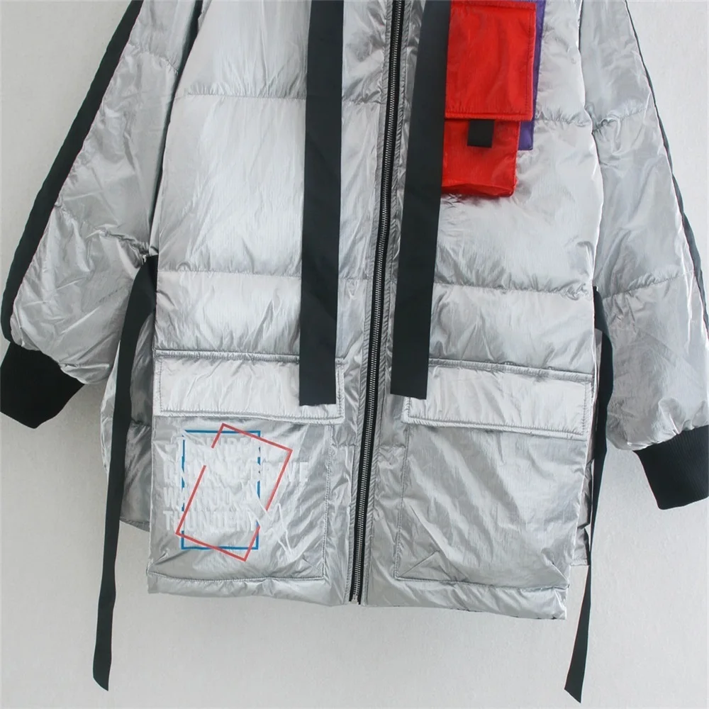 

2020 new mid-length European and American street loose large size personalized pocket hooded down jacket women's jacket