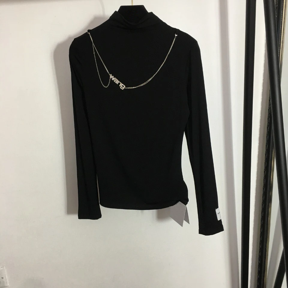 

High Quality Luxury Autumn Sexy Women Studded Letter Chain Pendant Half-high Neck Long-sleeved Bottoming Shirt Tops Big Stretch