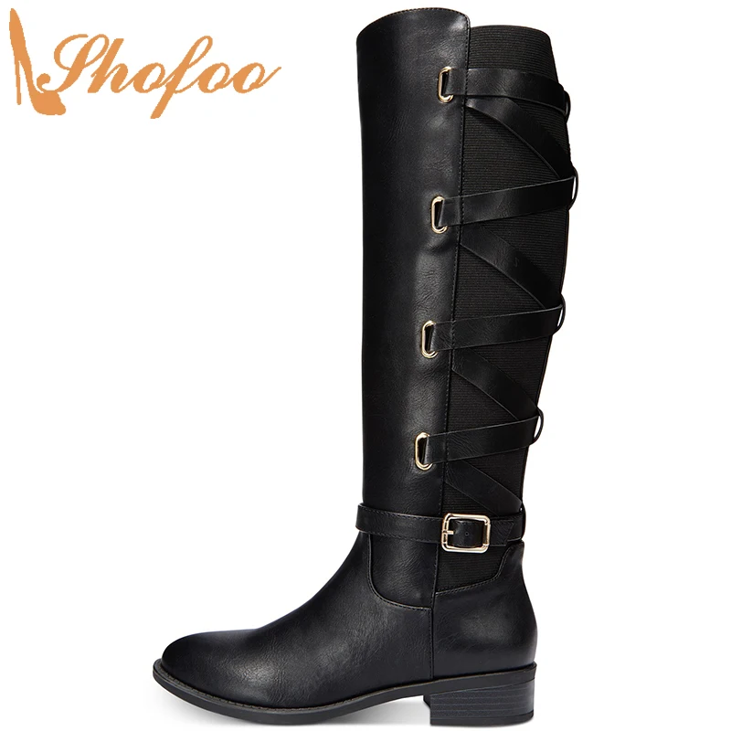 

Black Buckle Strap Knee Long Boots Med Chunky Heels Round Toe Zipper Large Size 42 43 Ladies Fashion Women Mature Shoes Shofoo