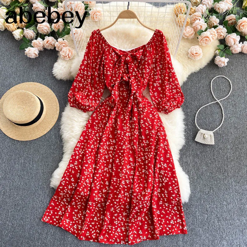 

Women Korean Print Dress Puff Sleeve Square Collar A-line Chiffon Ruffles Dresses Summer Boho Vacation Short Sundress