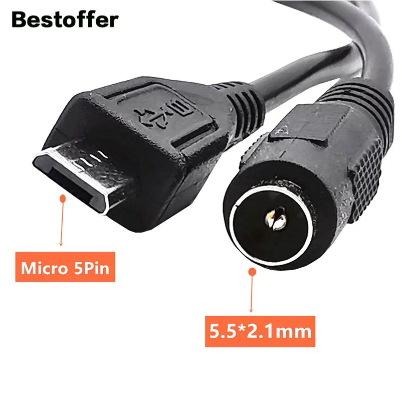 

Pure Copper 22AWG 3A DC 5.5mm*2.1mm Female to Micro USB 5 Pin Male Power Supply Extension Adapter Cable