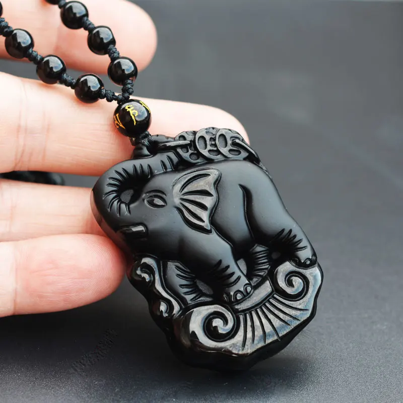 Мужское ожерелье подвеска черный обсидиан слон в багажник СВОБОДНАЯ цепь для