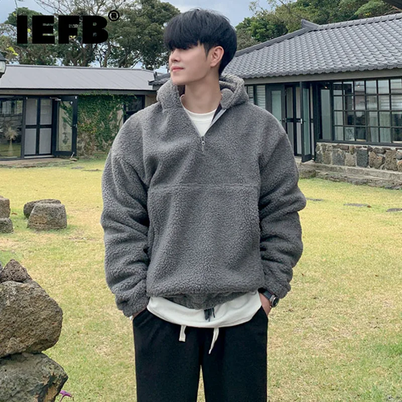 

IEFB Menswear Fashion Thickened Fleece Sweatshirts 2021 New Loose Hooded Zipper Decoration Pullover Tops Autumn Winter Clothing