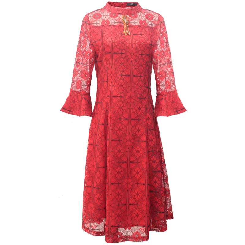 

autumn high street women dress flare half sleeves red color o neck empire waist slim fashion a line big size party vestidos