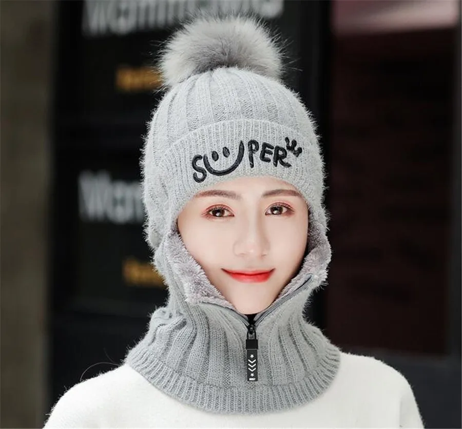 

Womens Hats Faux Angora Balaclava Zipper Ski Mask Women Letters Beanie Dual-use Hat Earflaps Winter Pompom Knit Skullies