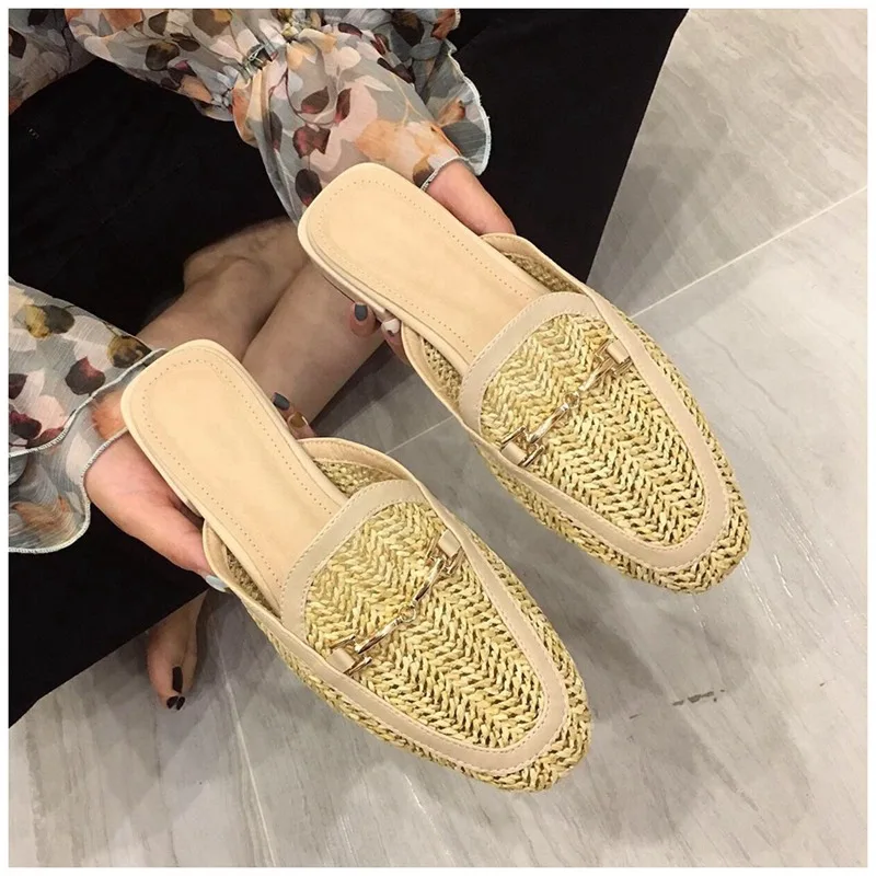 New Fashion Women Mules Slipper Low Heel Slip On Slide Sandals Cane Woven Beach Summer Slippers Flat Sandals
