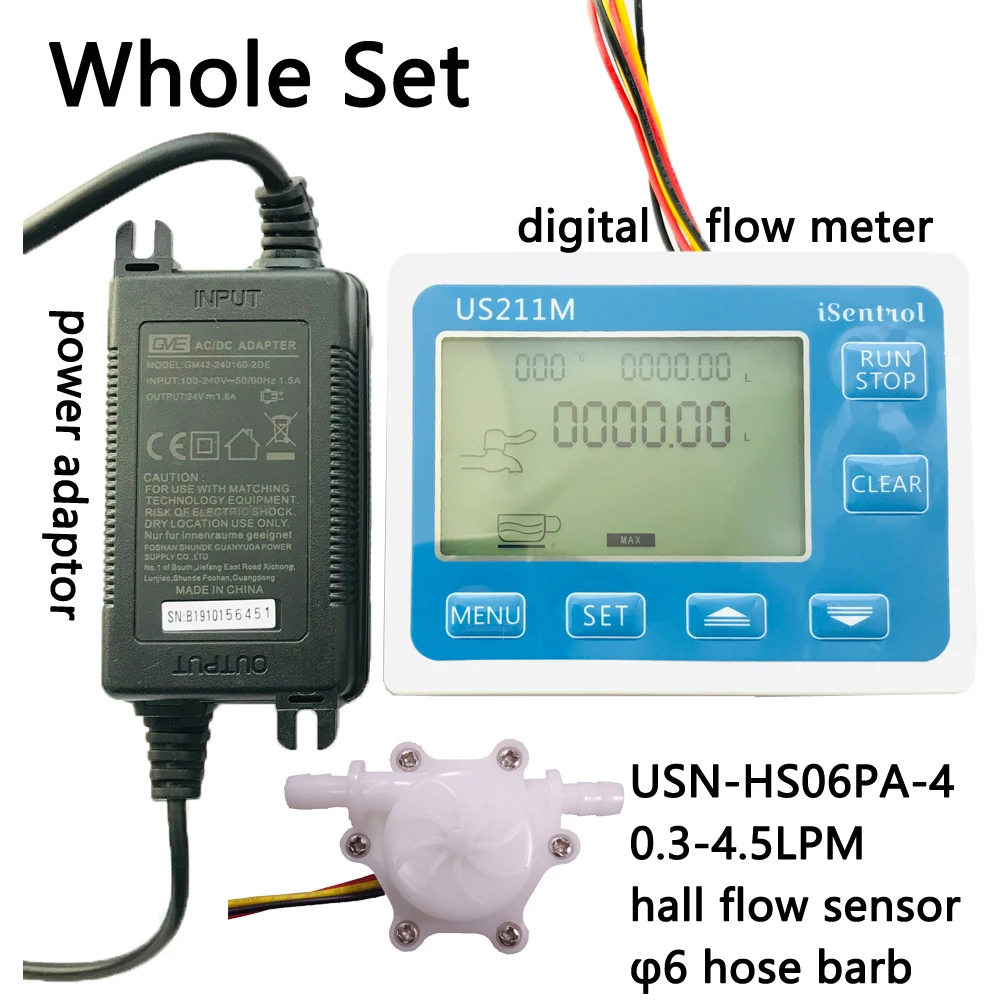 

US211M Display with USN-HS06PA-4 Flow Meter Totalizer Flow Measurement 0.3-4.5L/min Range 6mm OD hose barb