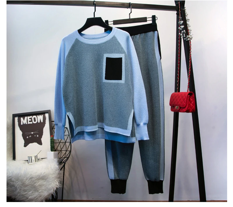 Blue gray Комплект из двух предметов, женский спортивный костюм, кашемировый вязаный комплект: укороченный топ и юбка, Женский кашемировый свитер+ трикотажные брюки, подходящие комплекты - Цвет: Blue gray
