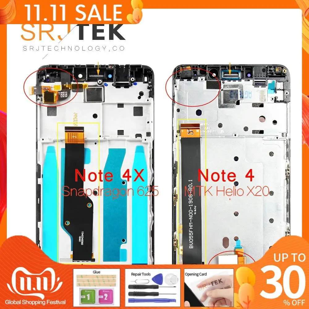 

MTK Helio X20 / Snapdragon 625 Global 32GB/64GB LCD Display Touch Screen Digitizer Assembly + frame For Xiaomi Redmi Note 4 4X