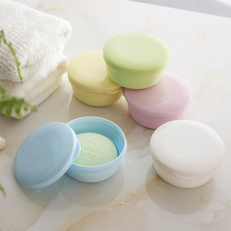 

Color Soap Dish Box Case Holder Container Wash Shower Home Bathroom Sealed Soap Case Round Travel Supplies Portable