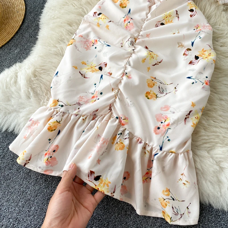 

Foamlina New Chic Floral Women Dress Summer Short Sleeve V-neck Ruched Slim Party Dress Temperament Wrinkle Draped Ruffles Dress