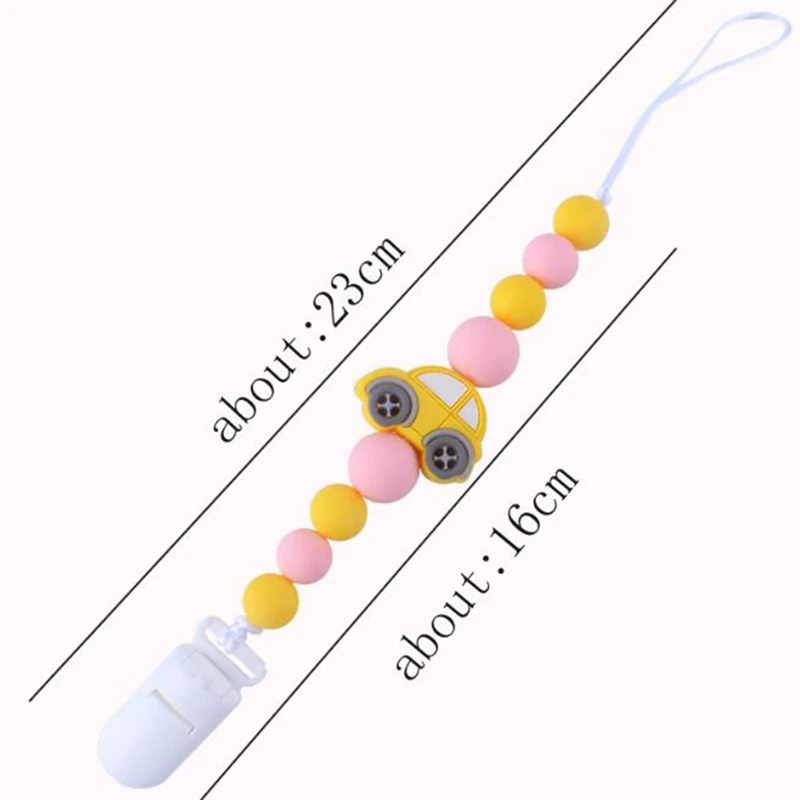 

Baby Pacifier Chain Silicone Beads Cute Cartoon Car Charms Wood Silicone Molar Teether Toy Pacifier Anti-Lost Chain Holder Clips