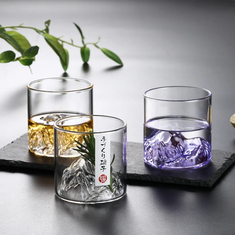 

Creative Transparent Wine Glass 3D Fuji Mountain Pattern Whiskey Glass Home Kitchen Coffee Cup Japanese Style Bar Accessories