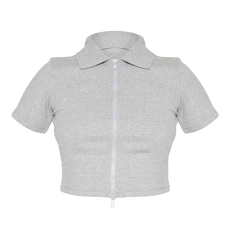 

Womens Solid Color Knitted T-shirt Short Sleeve Zipper Closure Lapel Collar Crop Top Casual Slim Exposed Navel Top