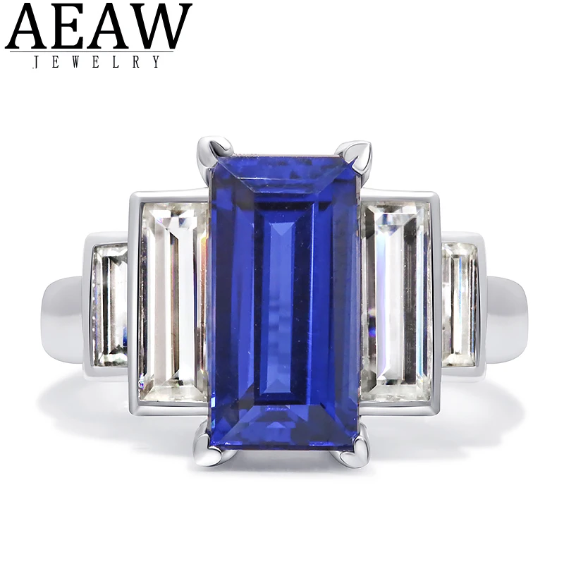 

6x12mm Emerald Cut AAAA Lab Created Sapphire Stone set with Baguette DF Color Moissanite Halo Ring Real 18k White Gold Gift