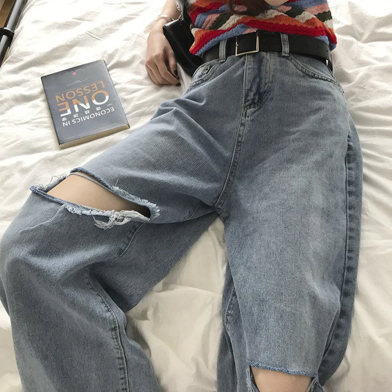 

Spring Summer High Street Style Women High Waist Wide Leg Jeans Knee Hole Vintage Loose Denim Pants Straight Lady Pants
