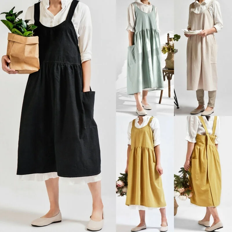 

Apron Kitchen Cotton Dress Casual Sleeveless Knee-Length Aprons Dress with Pockets