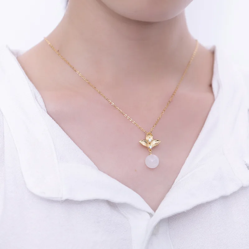 

Women Set 100% Real 925 sterling silver and 14K Gold Plated Natural stone Jade Necklace Pendant Drop Earing jewelry sets S02