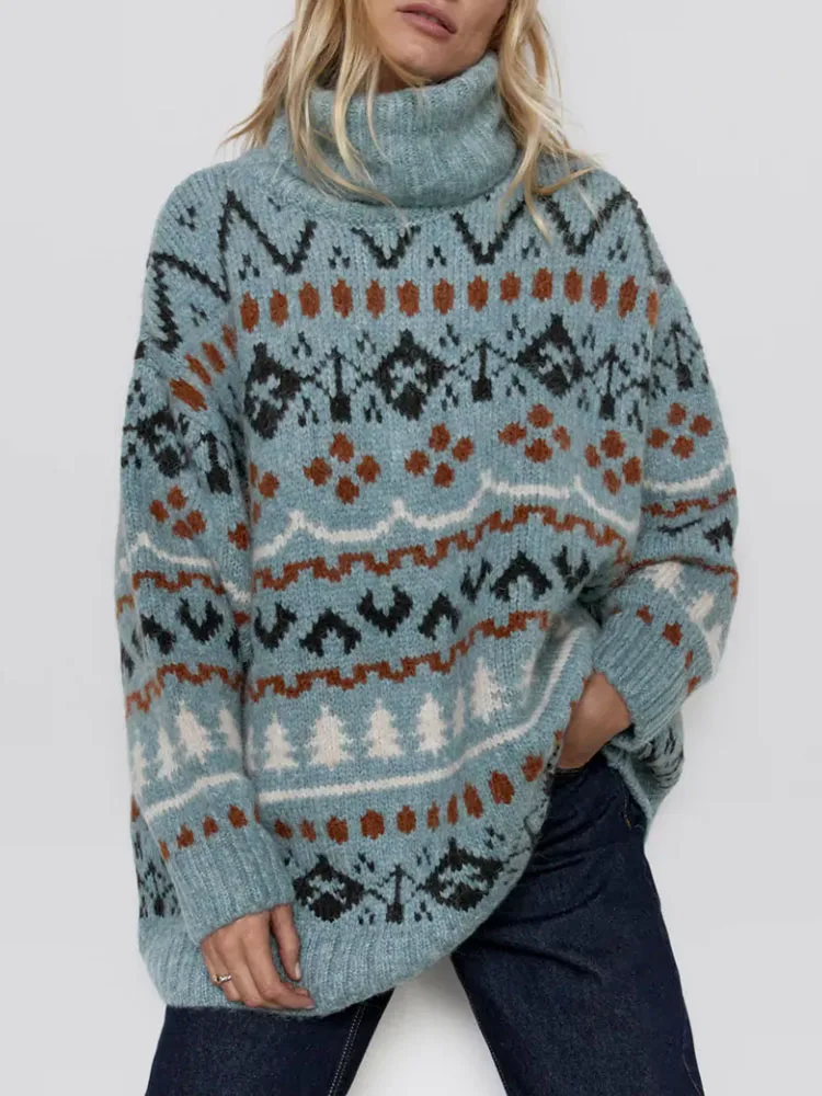 

ZA autumn and winter new female temperament lazy style top high collar long-sleeved jacquard loose casual knitted pullover