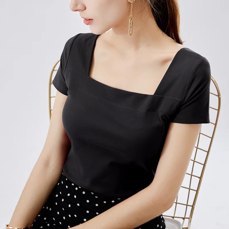 

Summer new women's short sleeve simple solid color square neck half sleeve tights women's cotton T-shirt