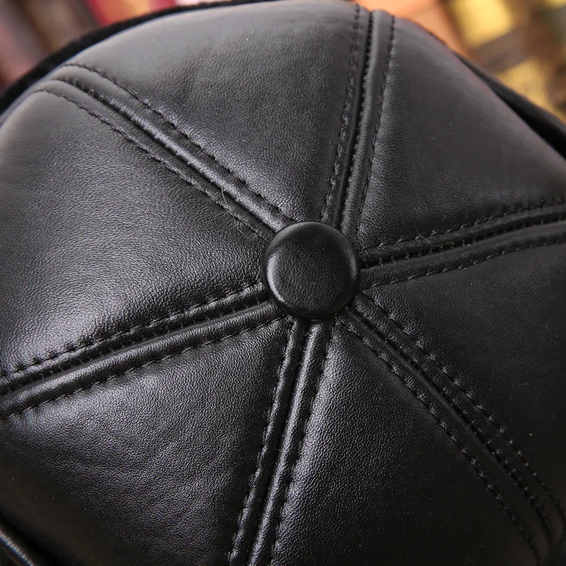 100% Genuine Leather Leather hat middle-aged man winter warm earmuffs thickening baseball cap sheepskin wool  man winter hats