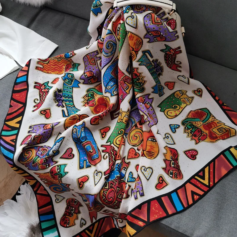 100% шелк тутового шелкопряда квадратные шарфы для женщин с рисунком кота шелковый