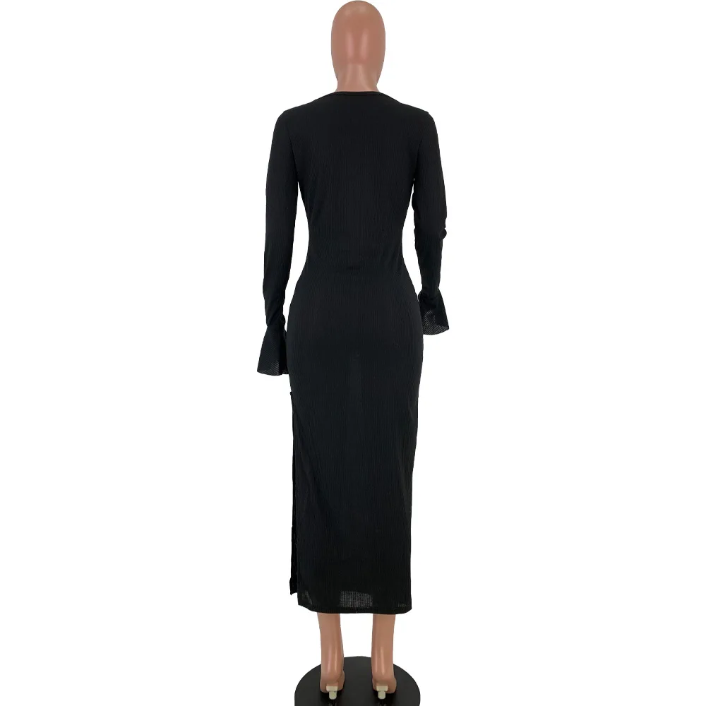 Women Knit Dress Elegant Long Sleeve Warm Sweater Casual O-neck Sexy Hight Slit Office Party Pencil Dresses Fall Clothes | Женская