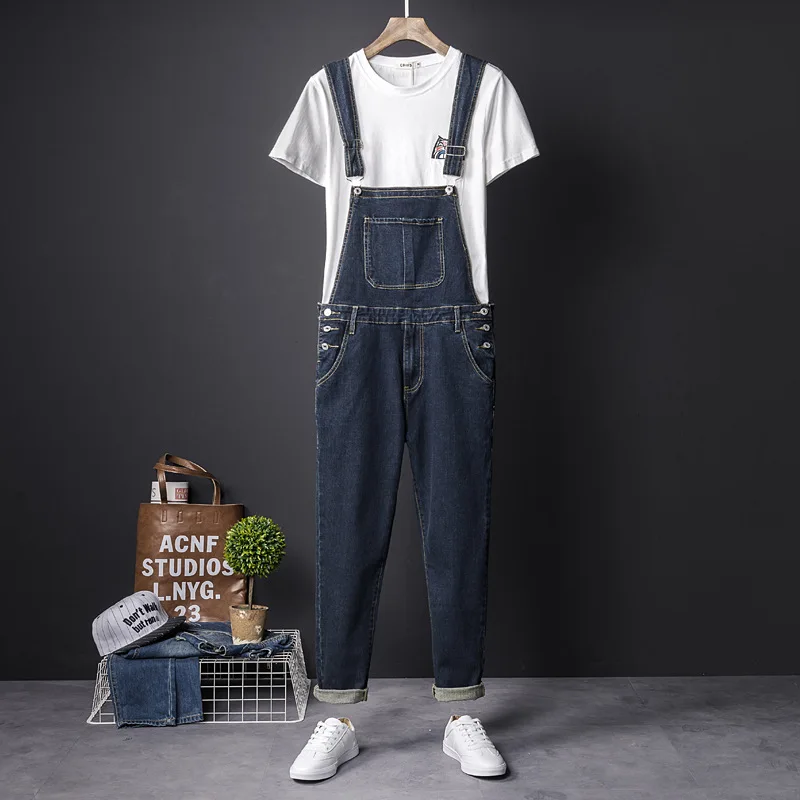 Fahsion Man Jeans Bib Overalls Multi-Pocket  Streetwear Hip Hop Denim Jumpsuits Trousers Dark Blue Large Size Freight Pants