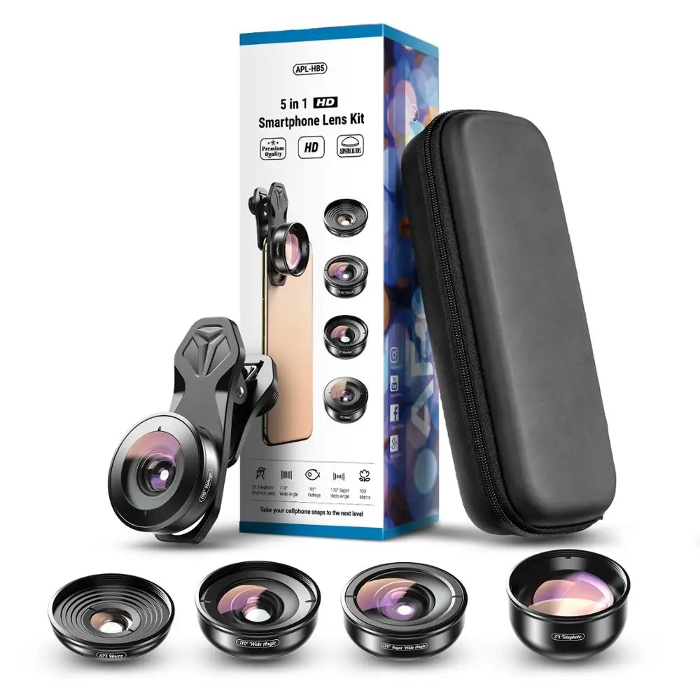 

APEXEL 5in1 Mobile Phone Lens Case Kit Photography HD Fisheye Super Wide Angle 4K Macro Telescope Lens Set for Samsung iPhone