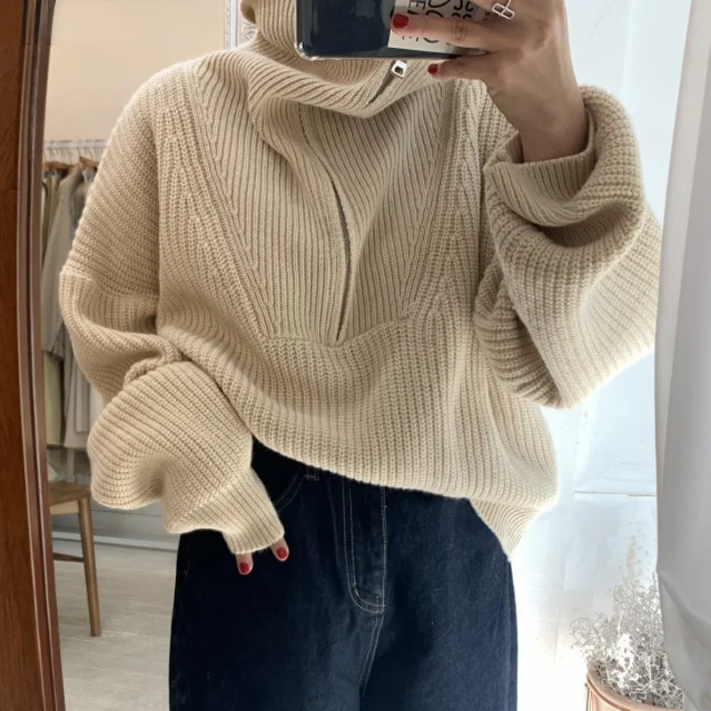 

Мода водолазка на молнии Свободный теплый свитер женский 2021 осень зима длинный рукав утолщенный рукав женский вязаный пуловер