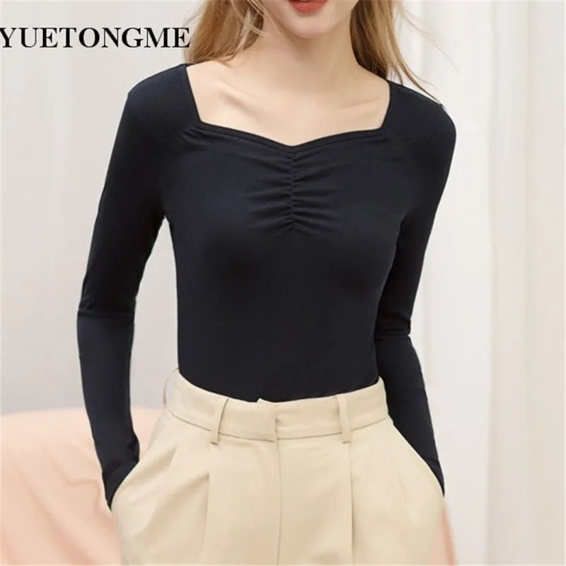 Весенняя Новая модная женская футболка с квадратным вырезом плиссированная