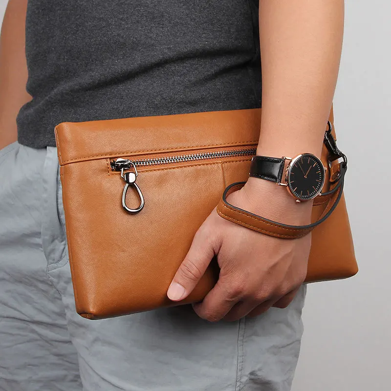 

Envelope Leather Clutch Bag 2022 New Genuine Leather Men's Commercial Document Organizer Pocketbook Long Wallet with Wrist Strap
