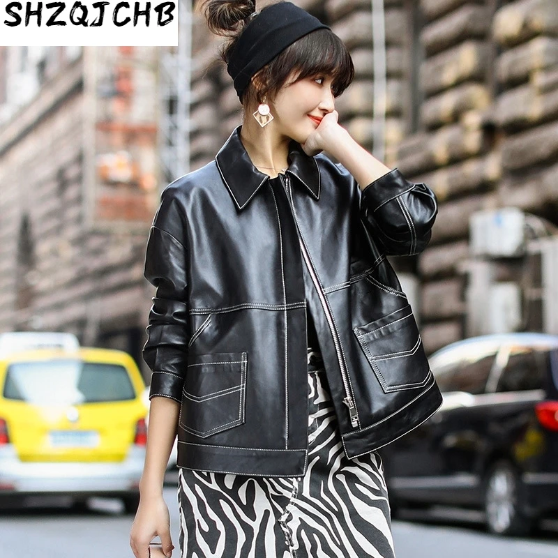 

JCHB 2021 Leather Jacket Women Spring Autumn Short Motrocycle Jacket Sheepskin Genuine Leather Jacket for Women Clothes LH-8718