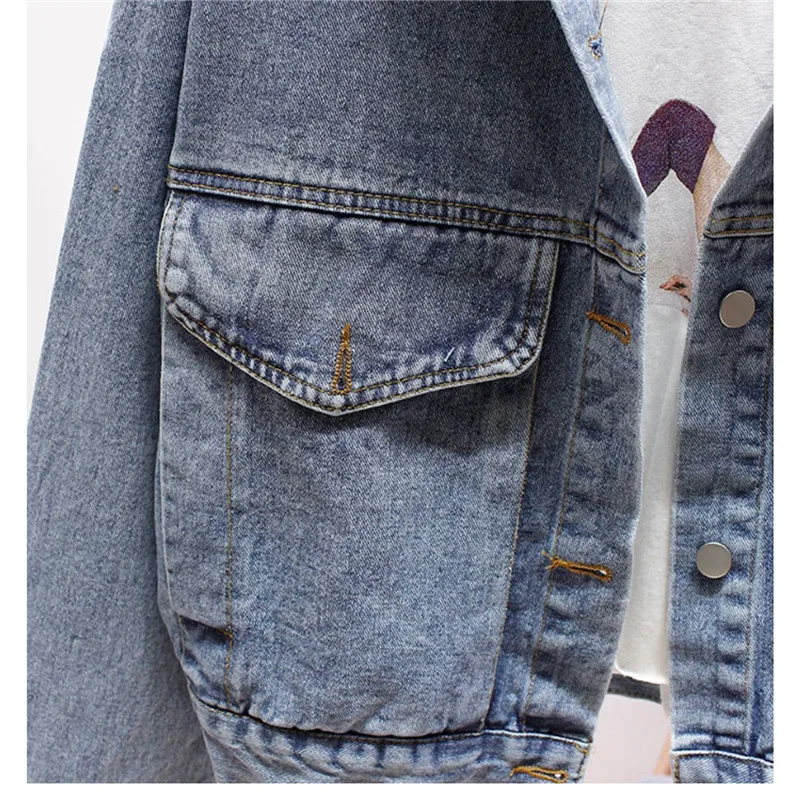 

Korean Loose Harajuku Casual Denim Women 2020 Spring Vintage Big Pocket Hole Jeans Jacket Ladies Student Basic Outerwear