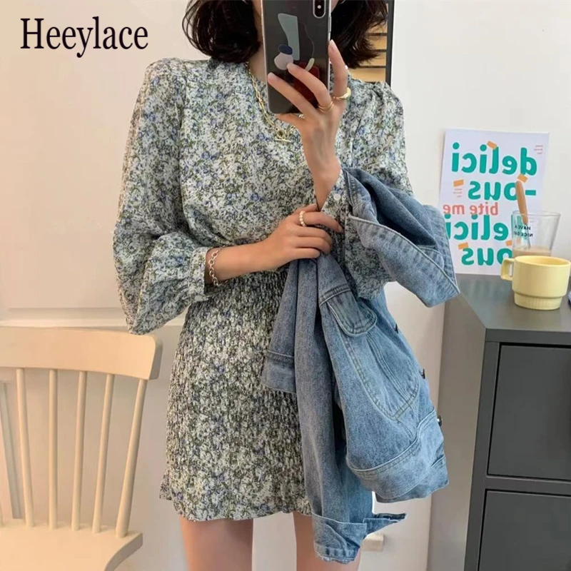 

New 2021 Women Summer Autunm Dress Vintage Floral Printed Vintage High Waist Korean Package Hip Lady Mini Dresses