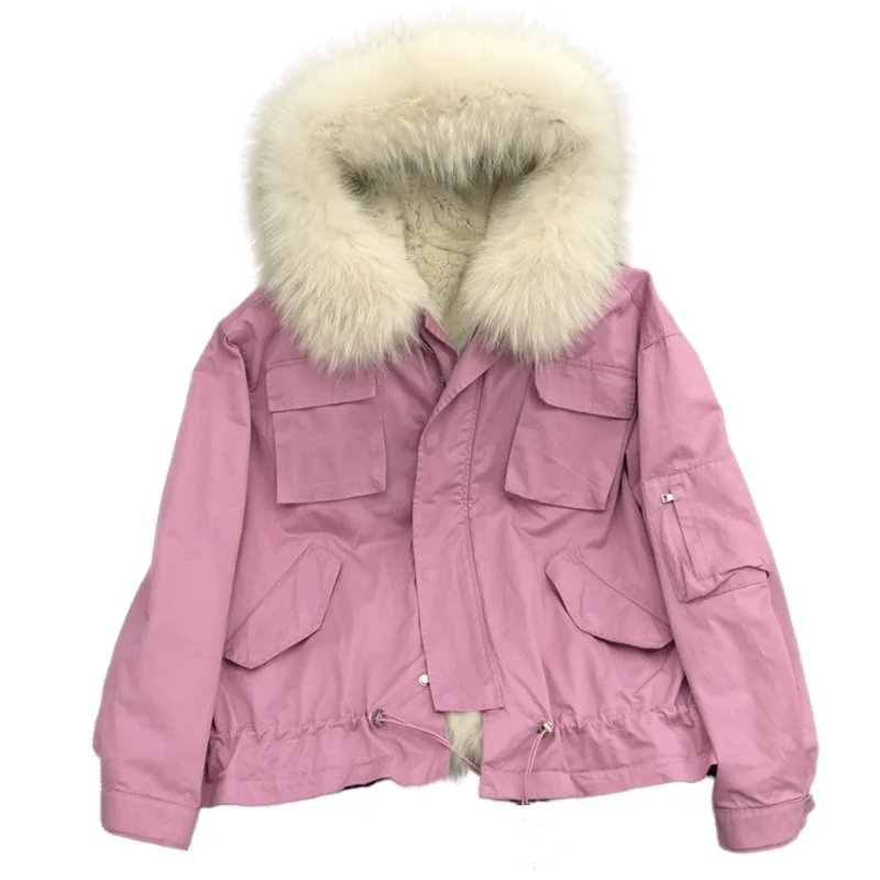 

Женская парка с мехом енота на капюшоне, теплая Повседневная куртка с подкладкой из кроличьего меха, новинка зимнего сезона