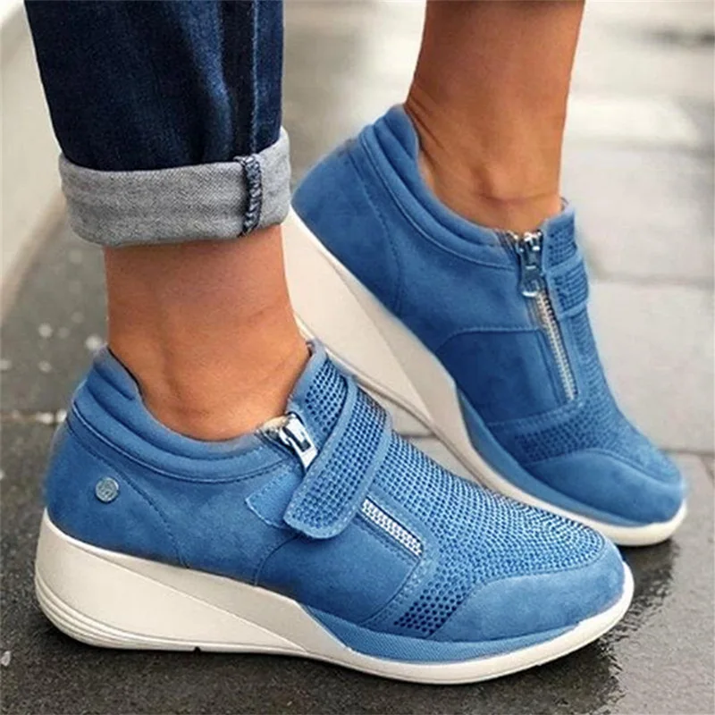 blue Puimentiua/Новое поступление; женские повседневные кроссовки из флока на высоком каблуке; дышащая обувь на платформе, увеличивающая рост - Цвет: blue