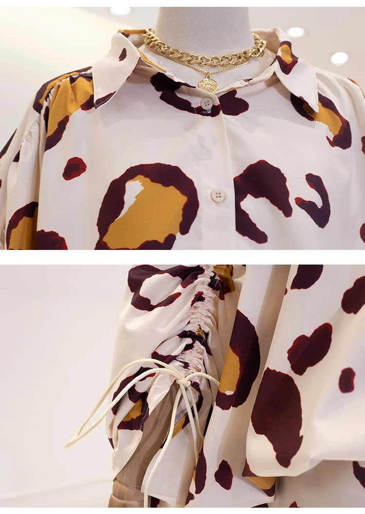

2021 Autumn New Female Drawstring Puff Sleeve Shirt Women's Korean Style Loose Casual Print Top Oversized High Street Blusas