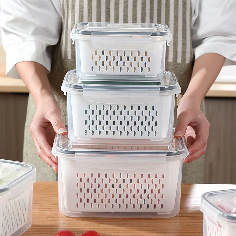 

2 in 1 Plastic Food Storage Box with Strainer Fruit Vegetables Fresh-keeping Container Kitchen Refrigerator Organizer Bin Basket