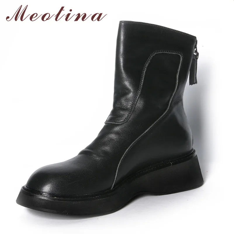 

Meotina Genuine Leather Platform Mid Heel Ankle Boots Women Shoes Zipper Chunky Heels Short Boots Female Autumn Winter Black 40