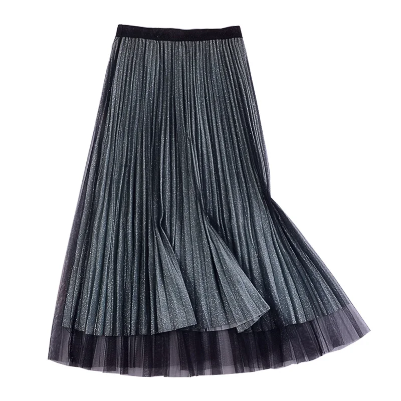 

506 autumn and winter new Korean Sequin high waist thin three layer pleated mesh medium length skirt women's skirt