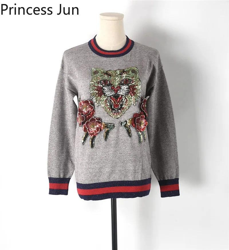 Пуловер женский весенний тонкий с тигровым принтом и блестками 2021 | Женская