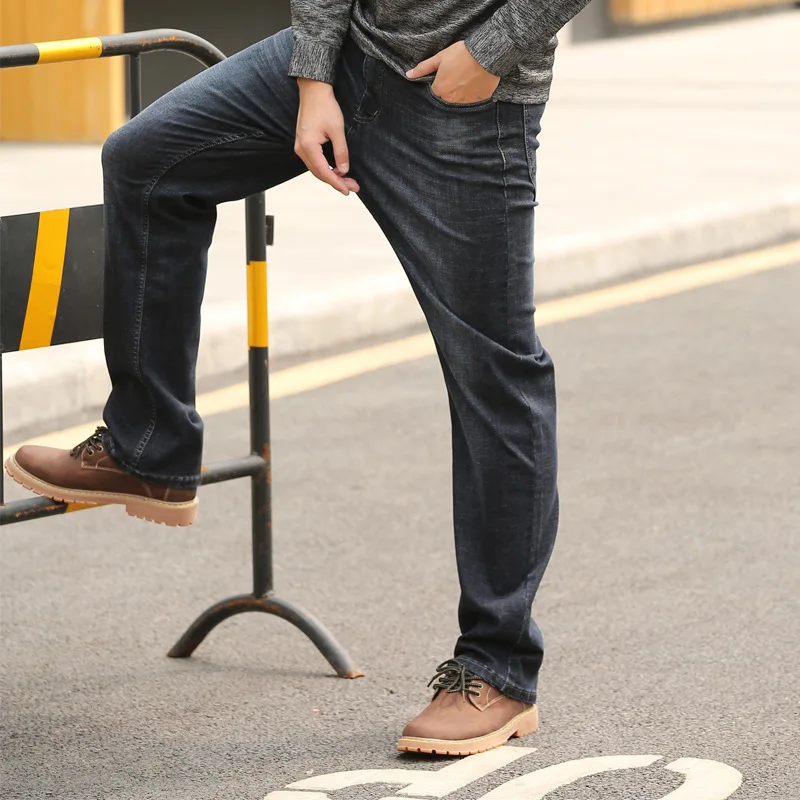Spring and Autumn Men Straight Large Size Baggy Jeans Black Business Casual Elastic Denim Pants Hip Hop Skateboarder Trousers