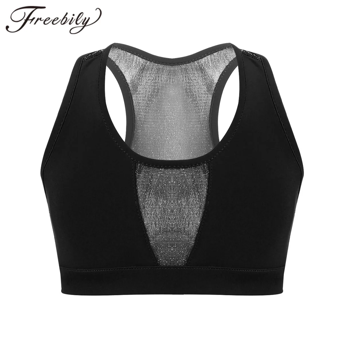 

Summer Girls Tanks Tops Sleeveless Racer Back Stretchy Mesh Splice Kids Crop Top Children Dance Stage Performance Workout Tops