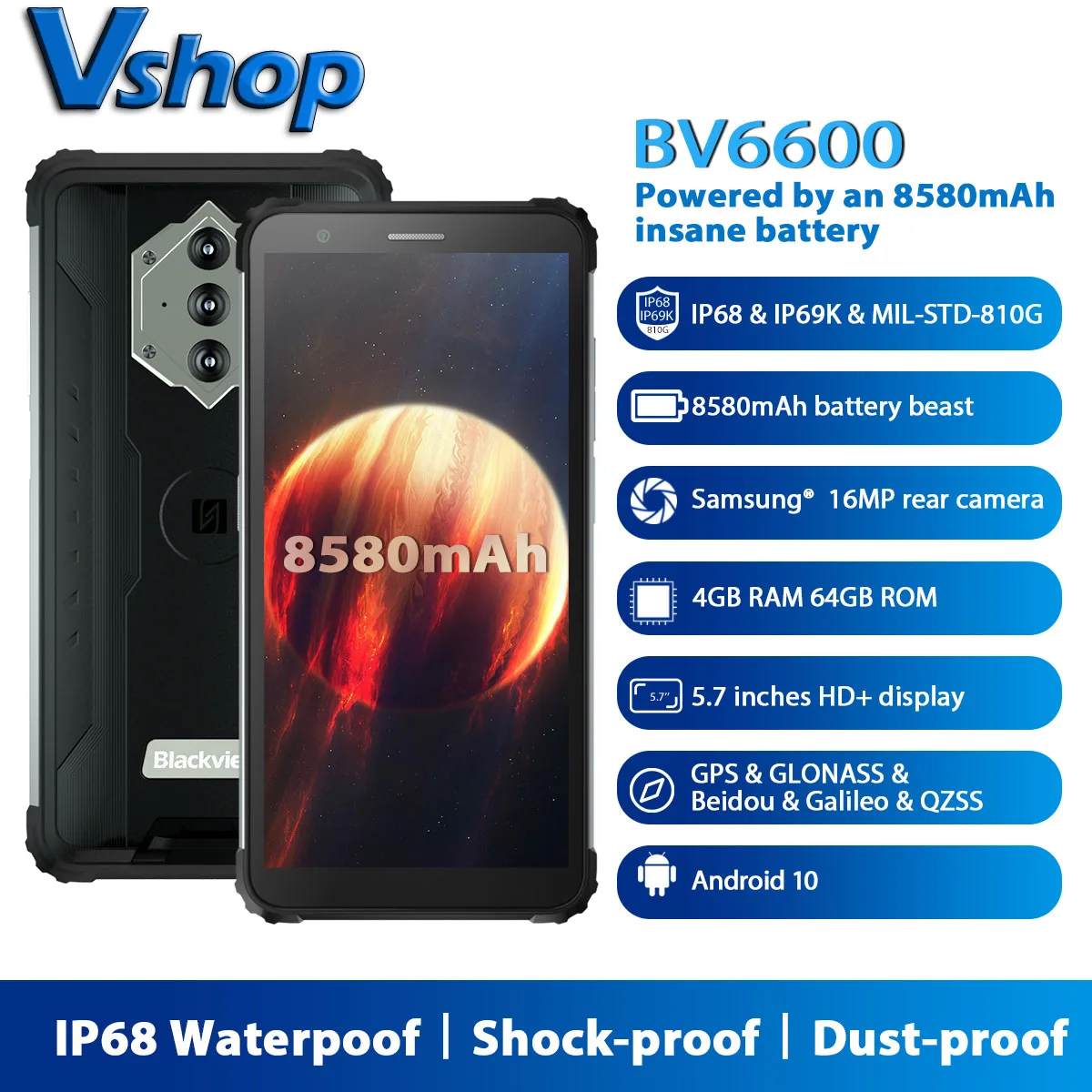 Смартфон Blackview BV6600 защищенный IP68 4 + 64 ГБ 8580 мАч 5 7 дюйма FHD 16 МП NFC Android 10 | Мобильные