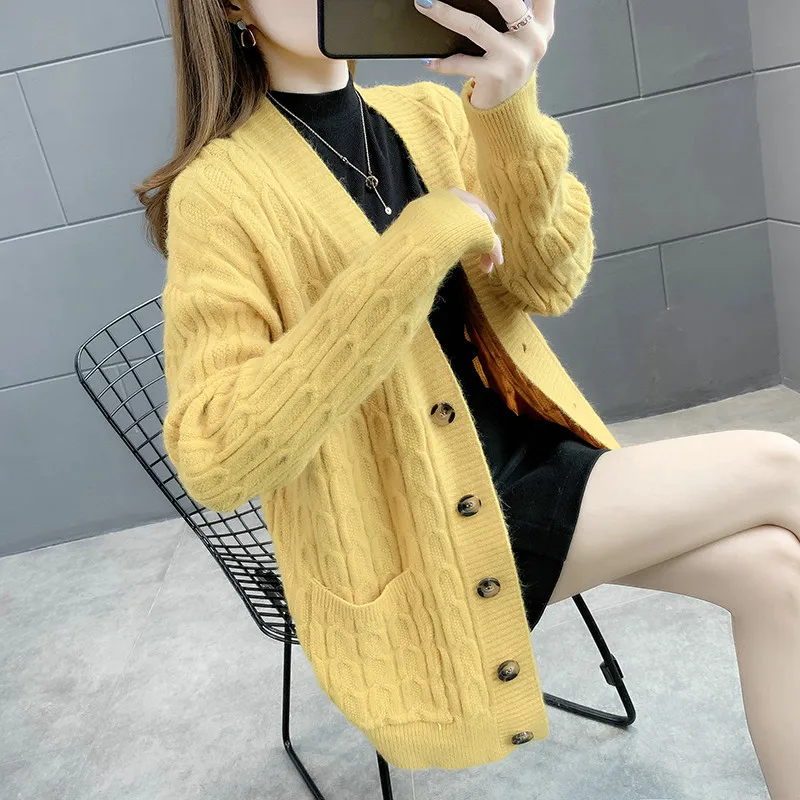 

5 Colors Knitted Cardigan Women Sweater Mid-length Single Breasted Long sleeve Big Pockets Autumn Casual Knitwear Cardigans Coat